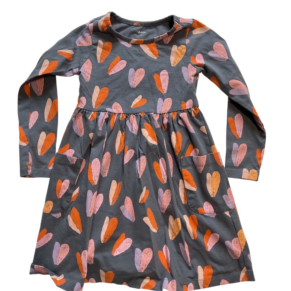 Quince Kids Girls 4T Heart Print Long Sleeve Organic Cotton Jersey Dress Grey